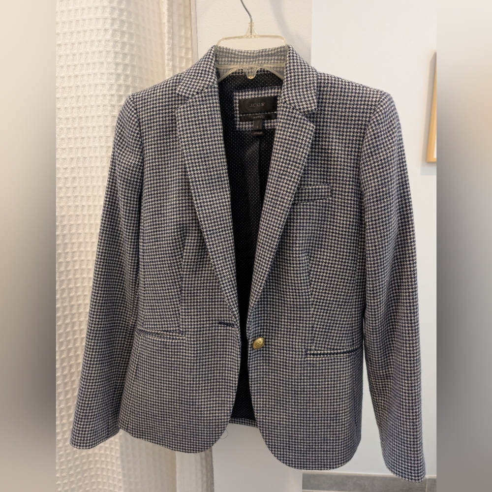 JCrew Campbell Blue & White Houndstooth Fitted Blazer with Gold Buttons Size 2
